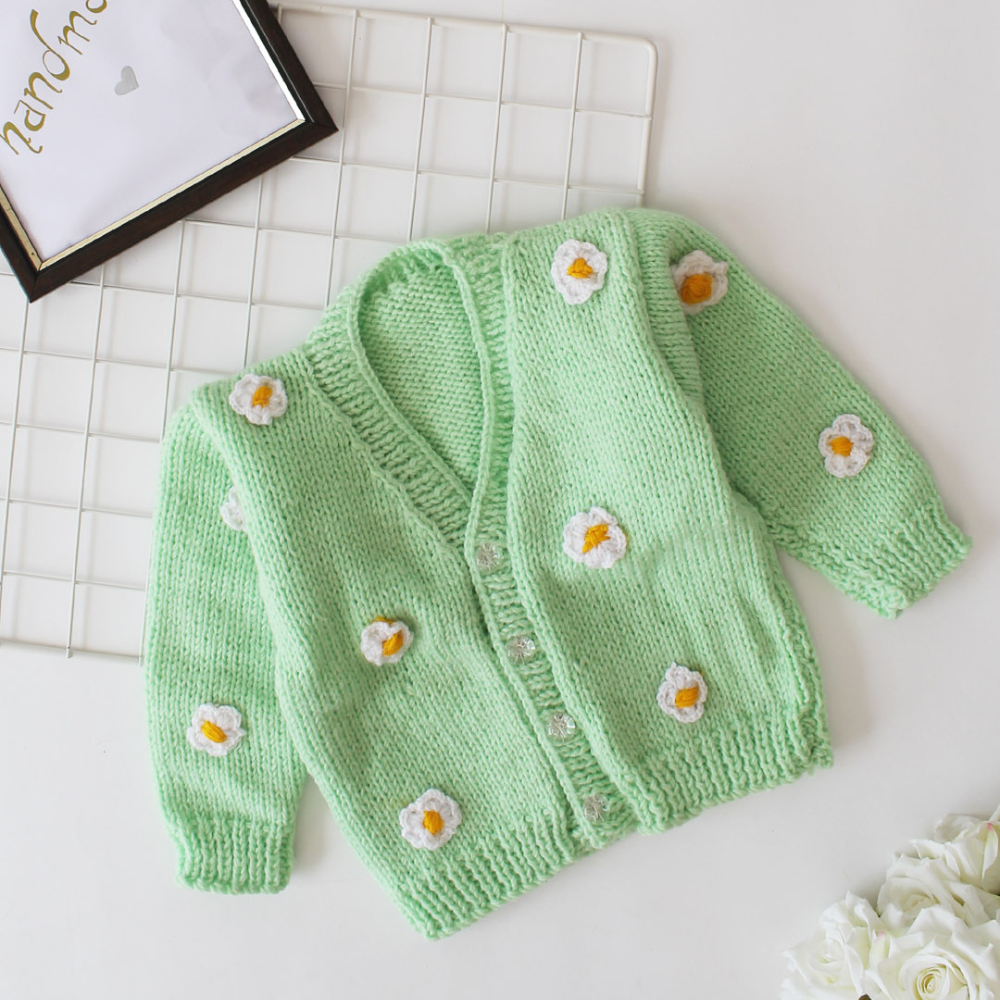 Mint Green Colored With White,Yellow Daisy Emboidery Sweater